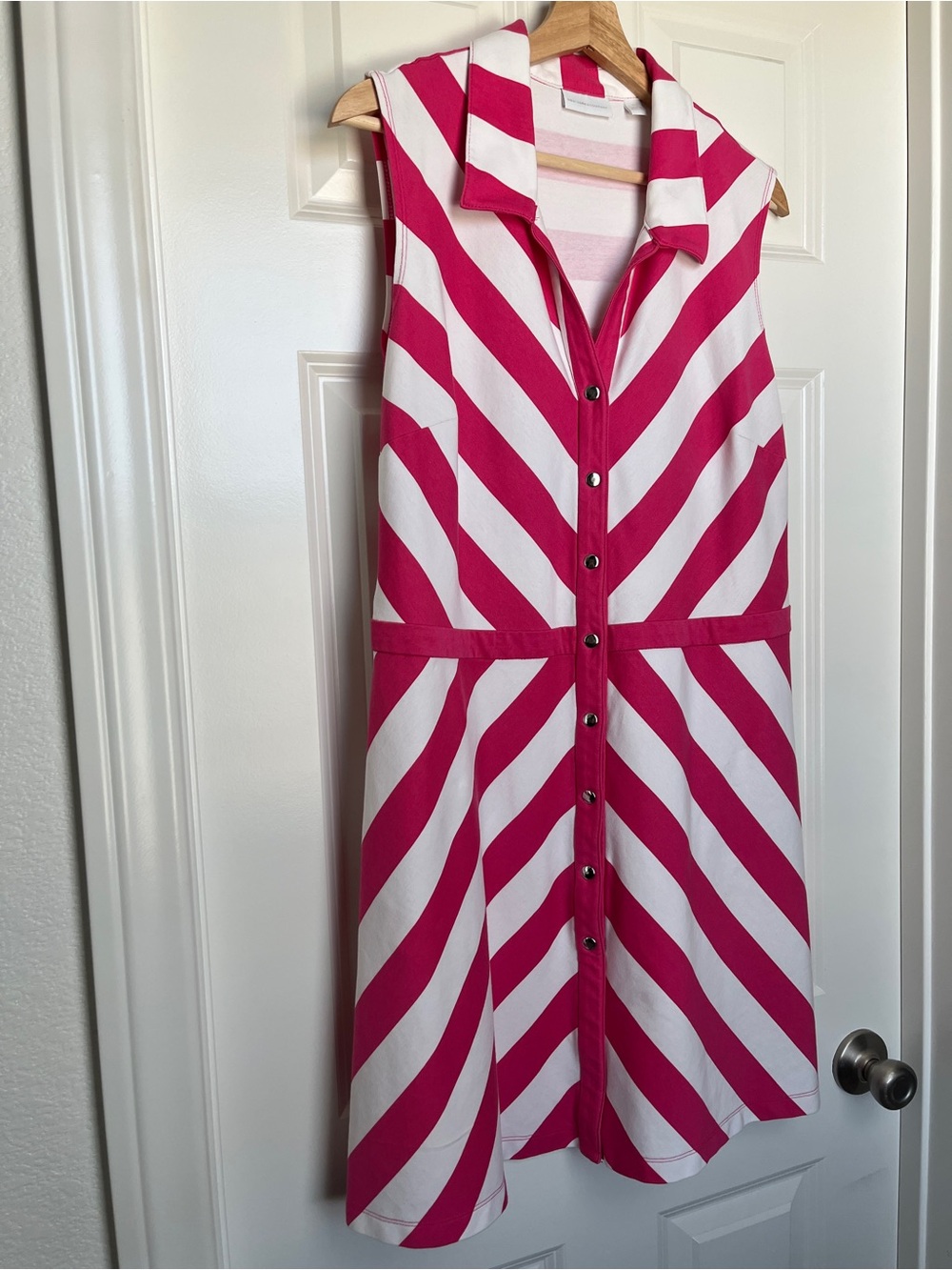 New York & Company Pink and White Striped Sleeveless Shirt Dress